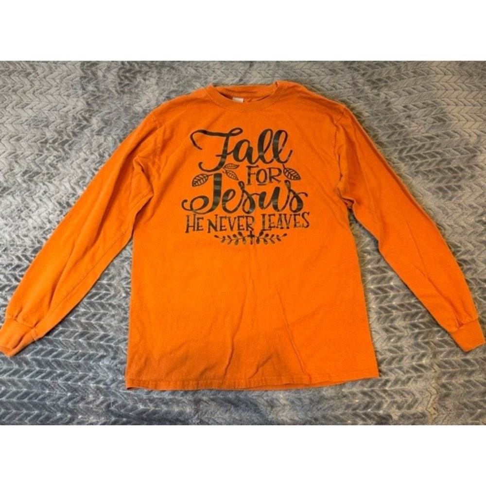 Gildan Orange Fall For Jesus He Never Leaves Long Sleeve T-Shirt Medium 0306